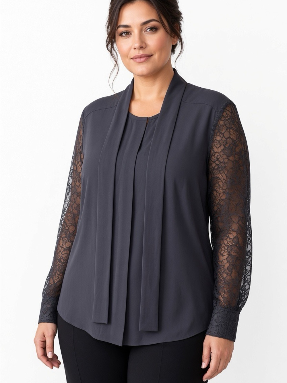 Vera Wang Black Lace-Sleeve Women's Blouse with Neck Tie